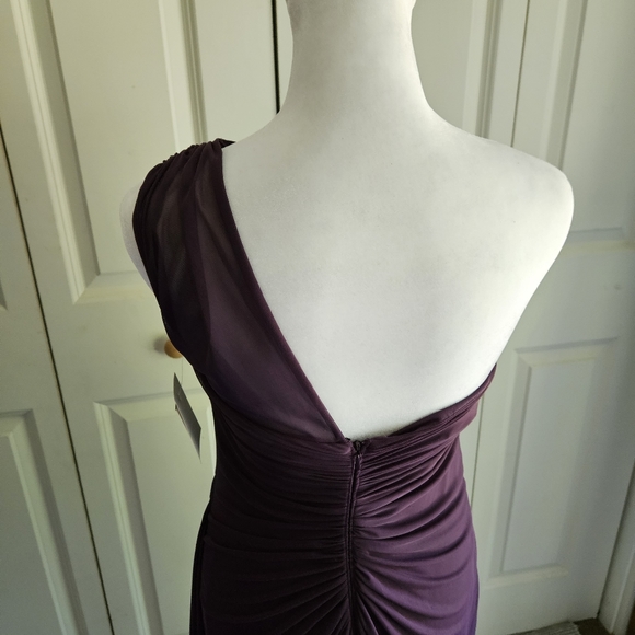 David's Bridal Long Mesh One Shoulder Illusion Dress Plum Style# F19074 Size 4 - Picture 4 of 15